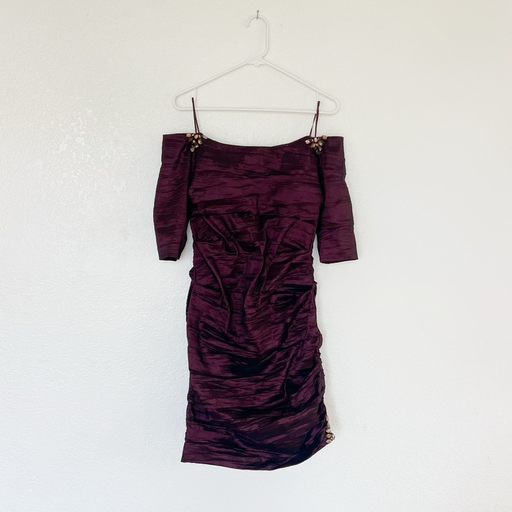 Vintage Sharkskin Mini Dress Alex Evenings Rhinestone Burgundy Wine Off-Shoulder